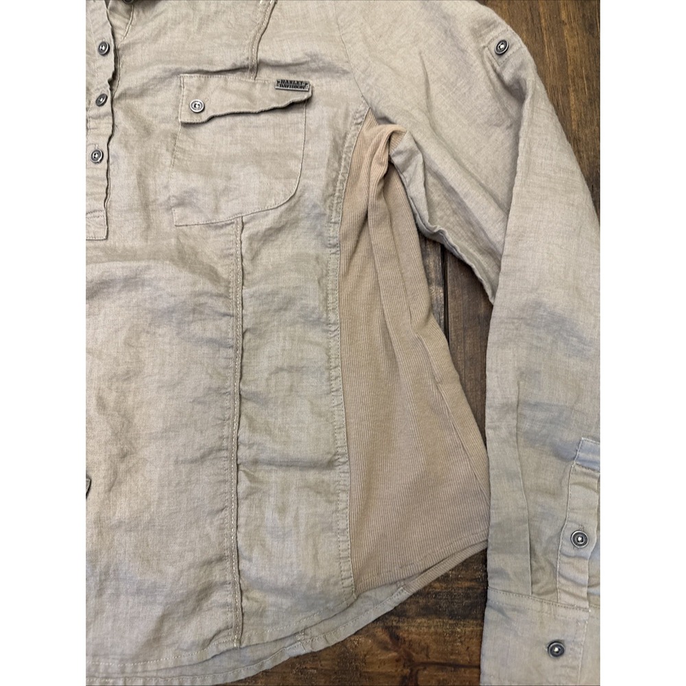 Women's XL Harley Davidson 1/2 Button Down Shirt Woven Sides Metal Buttons Logos - Picture 6 of 8
